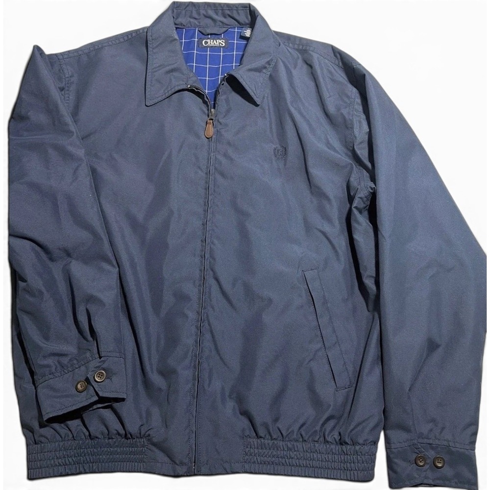 Chaps Mens Harrington Jacket Navy Blue Plaid Lined Full Zip Coat Large L/G